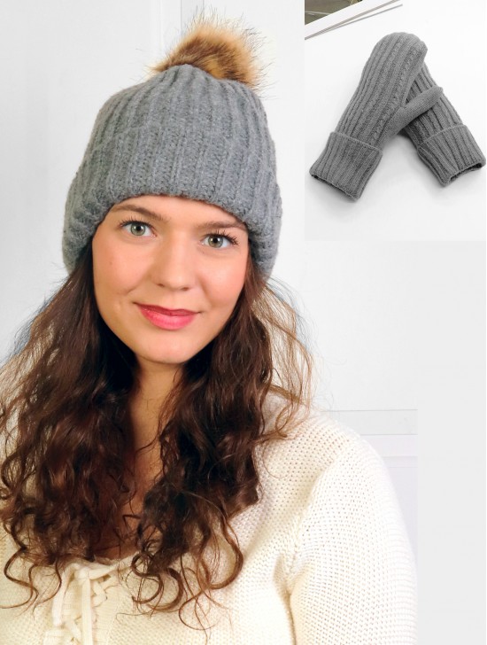  Cable Knitted Hat W/ Faux Fur removable pom pom & Mittens Set (HAT131904LGY + GL1261GRY)